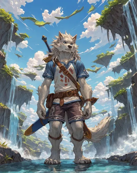 masterpiece, best quality, dangpa, tarran fiddler, 

anthro, male, wolf, floating islands, fully clothed, shorts, shirt, solo, vista, clouds, looking down, waterfall, hyrule, fantasy art, fantasy, adventurer, sword on back, atmospheric, windy, (long hair:1...