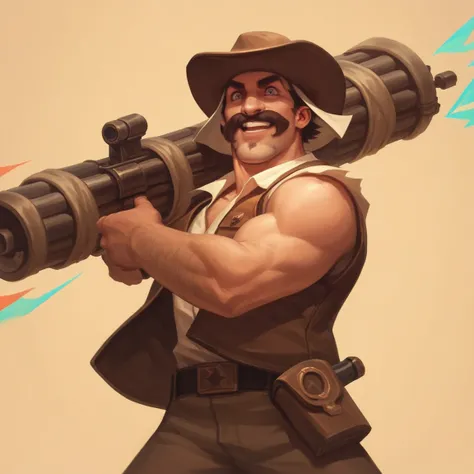 score_9, score_8_up, score_7_up,
best aesthetic, High-Res, Masterpiece, High Quality,
action packed, weapon handling, excited, magic minigun
 <lora:Reno_Jackson_World_of_Warcraft:0.7> 1boy, solo, hat, facial hair, mustache,