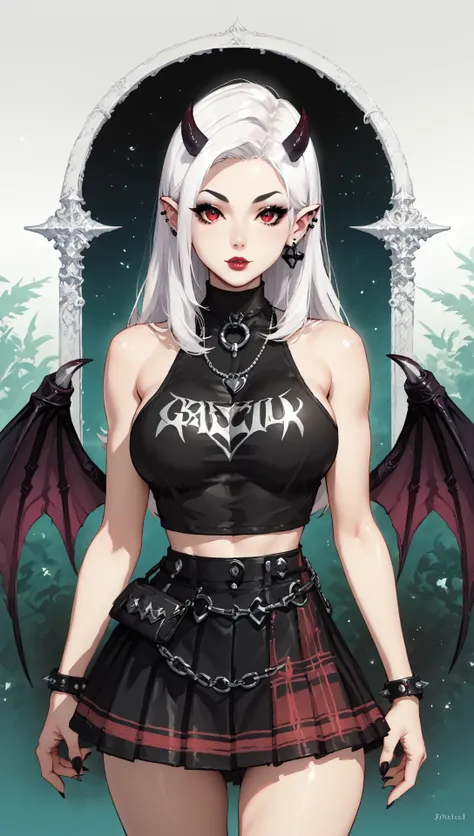 score_9, score_8_up, score_7_up, solo,source_anime,abyre,white hair, (beautifull girl), goth, (booty, curvy), red mini skirt, tank top, small horns, demon wings