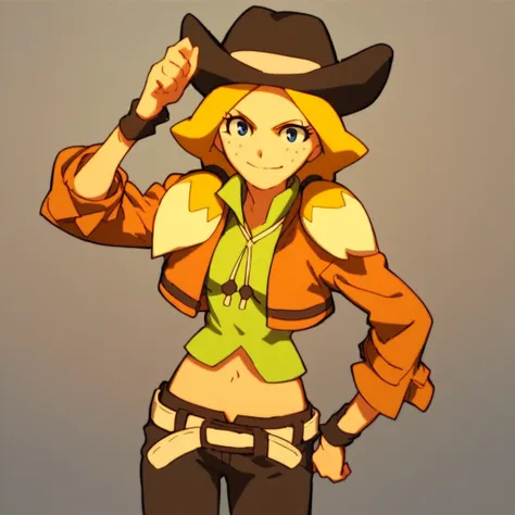 score_9, score_8_up, score_7_up, source_anime, masterpiece, high quality BREAK 1girl, blonde hair, hat, solo, freckles, blue eyes, cowboy hat, navel, midriff, twintails, pants, jacket, smile, belt, wristband