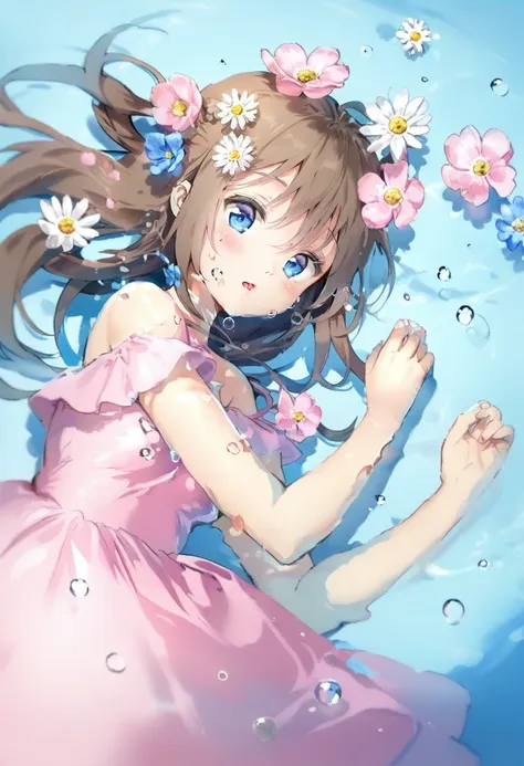 1girl, solo, flower, dress, blue eyes, looking at viewer, brown hair, hair ornament, hair flower, pink dress, white flower, bangs, blue flower, pink flower, water, lying, blush, bare shoulders, hands up, water drop, on side, open mouth, long hair, bubble, ...