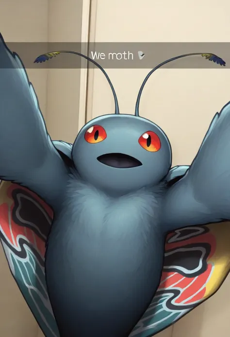 masterpiece, best quality, solo, looking at viewer, <lora:Mothman-illus_Fp:1>, mothman, pokemon (creature), no humans, wings, antennae, open mouth, selfie, snapchat,