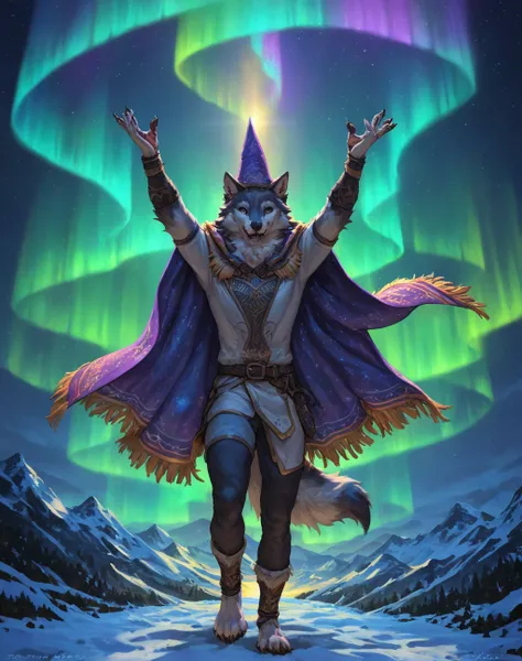 masterpiece, best quality, dangpa, tarran fiddler, 

anthro, wolf, male, ornate cloak, colorful cloak, illuminating, light beams, masterpiece, hi_res, (fully clothed), wizard hat, (colourful light beams:1.3), raised arms, mountain top, (aurora:1.2), (spect...