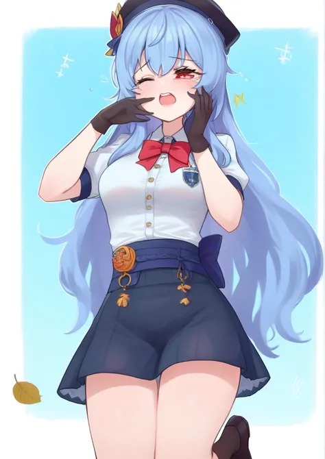 1girl,black footwear, black gloves, black headwear, black socks, blouse, blue hair, blue sash, blue skirt, bow, bowtie, buttons, foreshortening, from below, gloves, half-closed eye, hand on own cheek, hand on own face, hat, kneehighs, knees, leaf, long hai...