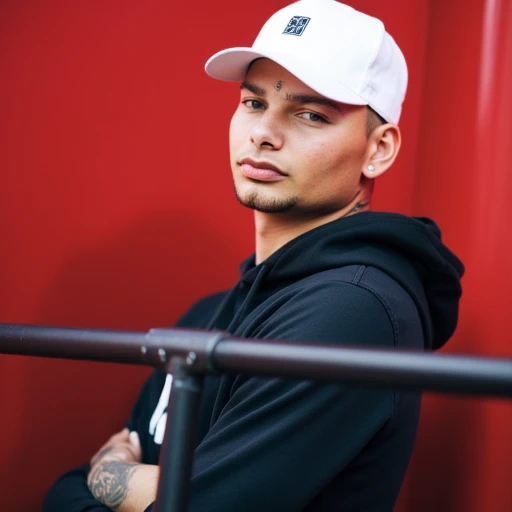 This is a high-resolution photograph of a young man standing against a solid, likely a concert or similar performance, natural makeup look. The man is wearing small, with a slight hint of intensity. He is leaning on a metal railing, The image is a high-res...