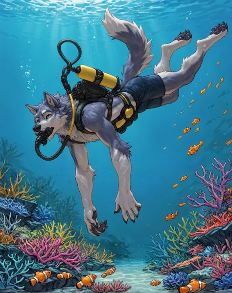 masterpiece, best quality, dangpa, tarran fiddler, anthro, male, wolf, solo, diving gear, atlantis, underwater, coral reef, colourful, tropical waters, scuba gear, shorts, rebreather, scuba tank, (blue tang:1.2), clownfish, swimming, great barrier reef, au...