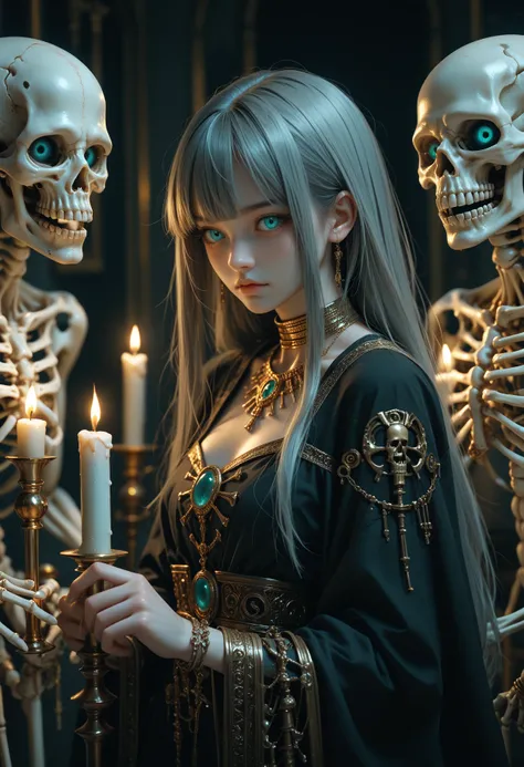 score_9,score_8_up,score_7_up,
a dim scene,the walls of skeletons piled up,girl wearing black gauze,gold jewelry,turquoise eyes,...