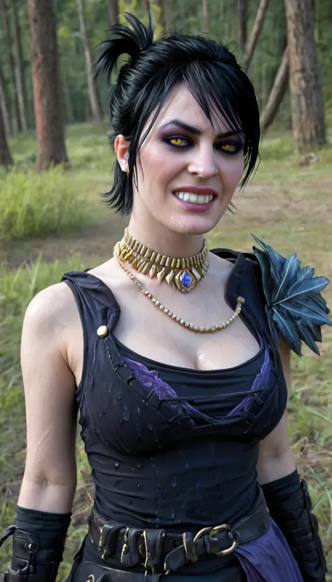 PHOTO, (((MorriganDA))), ((yellow eyes)), black hair, short ponytail, black outfit with feathered shoulder, mature, angry, purple eye shadow golden necklace with blue gem, grin, fantasy time period, dusk, medieval makeshift camp, wilderness, realistic, hig...