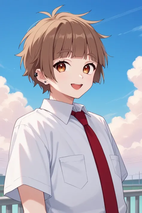 score_9, score_8_up, score_7_up, score_6_up, score_5_up,score_4_up , 
shishihara sota, brown hair, brown eyes, 1boy, male focus, necktie, solo, shirt, sky, cloud, school uniform, smile, open mouth, red necktie, white shirt, upper body, looking at viewer, c...