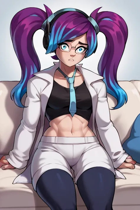 2D, score_9, score_8_up, score_7_up, BREAK, 1girl, solo, GlitchProdBo, Purple Hair, Blue Highlights,Twintails, Blue Eyes, Glasses, headphones,White Labcoat, Black Croptop, Blue Tie, White Shorts, black thighhighs, couch