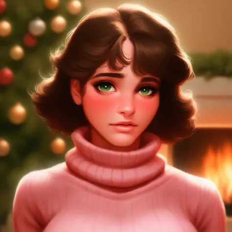 score_9, score_8_up, score_7_up, portrait, digital painting of kemp, 1girl, solo, brown hair, short hair, green eyes, looking at viewer, full lips, cute face, large breasts, narrow waist, high contrast, shadows, charcoal sketch, blushing, pink sweater, tur...