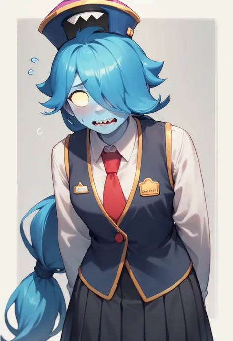 Score_9, Score_8_up, Score_7_up ,  ccolette , 1girl,blue skin, blue hair, long hair, low ponytail, no pupils, hat, white shirt, Black vest , tie, black skirt , blush , nervous , looking_at_viewer , pointed_teeth  ,Hair over eye