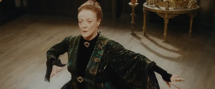 Minerva McGonagall, portrait, solo, single person, 1girl, modern 4K movie screencap, UHD 8K, Maggie Smith, female, solo, Dancing in a tango pose, from above, oriental woman at a masquerade ball, jewelled earrings, necklaces, sequinned robes, wearing an ela...