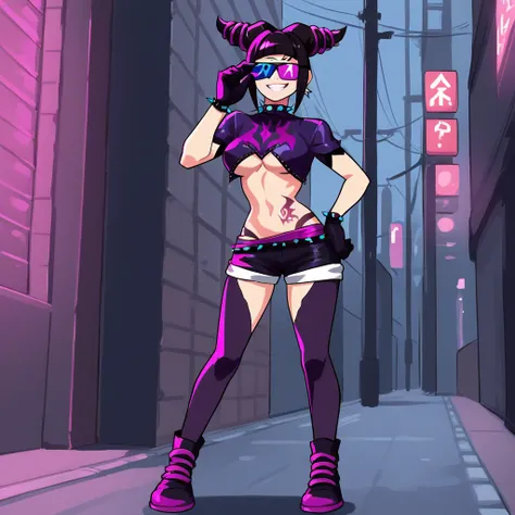 score_9, score_8_up, score_7_up, score_6_up, score_5_up, score_4_up, zPDXL2,source_anime,rating_questionable, 1girl, solo, smile, full body shot, posing, outdoors, urban ,night, juri han, <lora:hypnoshades:0.8>hypsh4d3s, midriff, crop top,  sunglasses, ear...