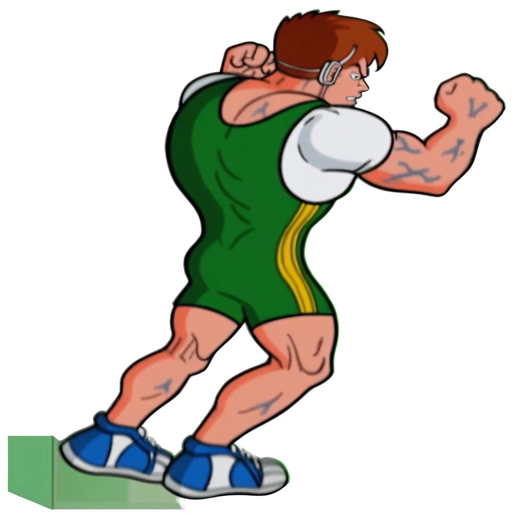 green shorts, tachi-e, short hair, white background, sideburns, brown hair, sneakers, 1boy, muscular, tattoo, sportswear, cartoon, skin tight, portrait, solo, wrestling outfit, shorts, white shirt, parted lips, bulge, muscular male