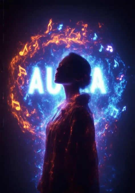 auralora,A mystical woman standing confidently in front of a large, glowing screen that displays the word AURA in bold, luminous letters. She is surrounded by dynamic, ethereal auras blending music notes, fiery energy, and electric sparks, all casting vibr...