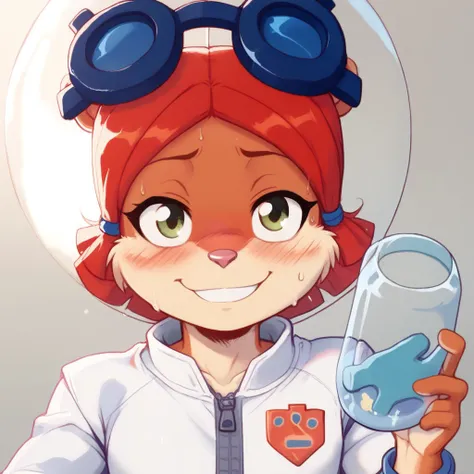 Score_9, Score_8_up, Score_7_up ,Ethersaga style, by Ethersaga , sdjs , 1 girl , furry , Squirrel Girl , Red Hair, Short Hair, Glass Helmet, Goggles on Headwear , white jumpsuit, , blush ,looking_at_viewer ,sweating , solo , Smiling