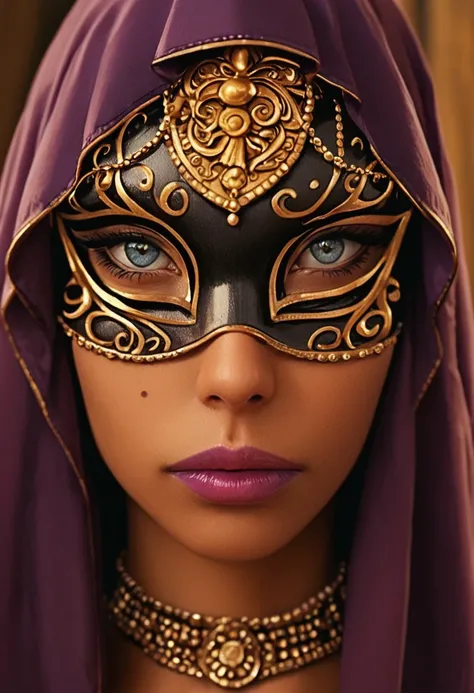 score_9,score_8_up,score_7_up, best quality, masterpiece, 
callista, 1girl, solo, purple Hood, golden domino mask, blue eyes, purple lips, golden choker, dark skin, dark-skinned female, close up, portrait,
looking at viewer, adult female,detailed eyes, shi...