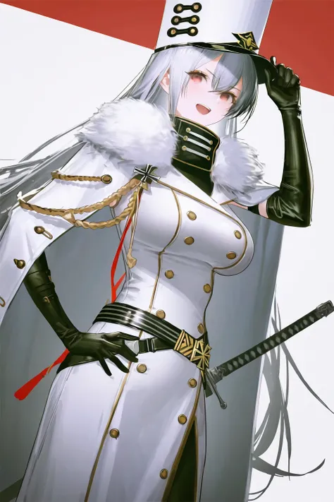 1girl, sovetskaya rossiya (azur lane), 
(yoneyama mai:0.4), reoen, liduke, eboda-x, yuyumu, 
cowboy shot, solo
azur lane, belt, black belt, black bodysuit, black gloves, bodysuit, breasts, buttons, coat, double-breasted, elbow gloves, gloves, grey hair, ha...