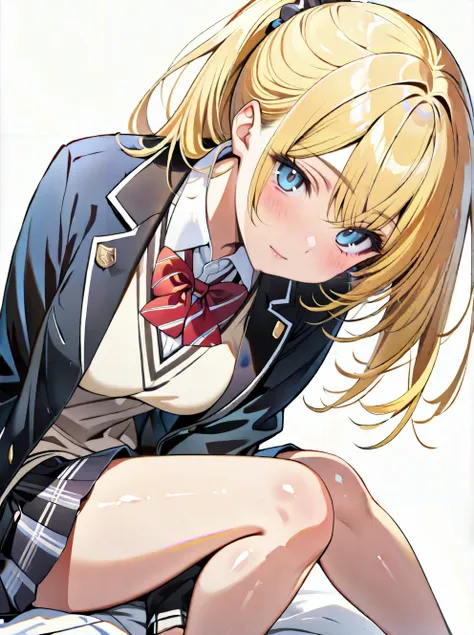 anime girl with blonde hair and blue eyes sitting on a bed