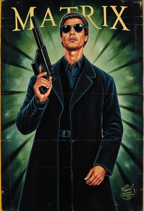 Hand-painted ghanaianposter of movie "Matrix". Title text "Matrix". Man with long coat and dark sun glasses. Holding guns.