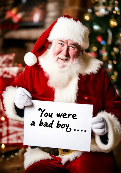 detailifier,high-detail portrait photography of santa clause holding a sign saying:"You were a bad boy..."