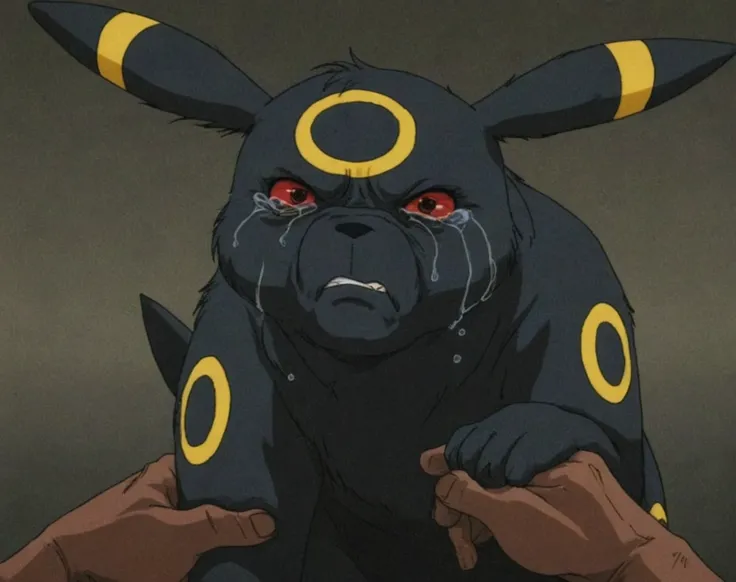 masterpiece, best quality, anime screencap, 2000s (style), retro artstyle, 1980s (style), ghibli studio, umbreon, crying, ugly cry, beg, looking at the viewer 