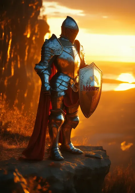 midjourney,An armored knight stands on a cliff at sunset, holding a shining shield emblazoned with the word Midjourney. His stance is heroic, and the warm glow of the setting sun reflects off the shield’s polished surface. The sweeping landscape and golden...