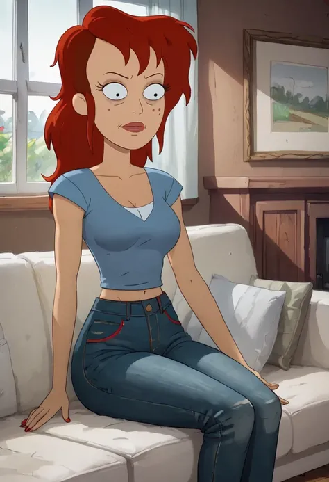 score_9, score_8_up, score_8, 
 <lora:Cherie_Solar_Opposites_for_PonyXL:0.8>  1girl, cheri3, red hair, solo, parody, jeans, blouse, 
sitting on couch, living room, window,