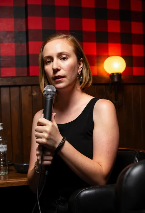 a portrait of Hannah Einbinder looking at the camera while performing a stand-up comedy act in a little pub