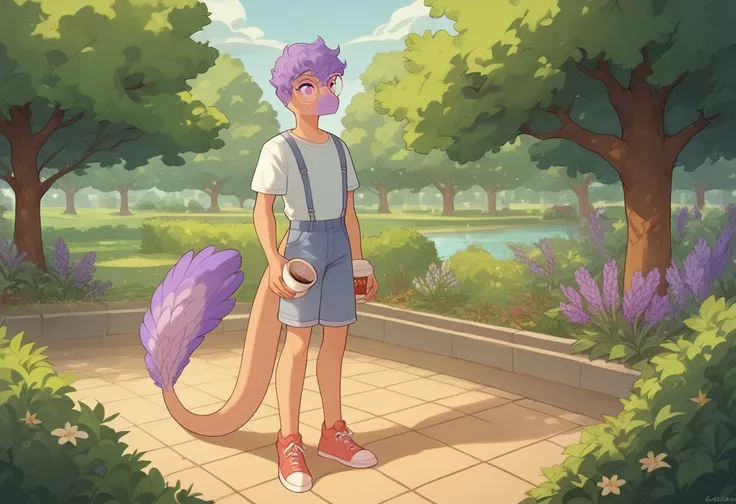 score_9, score_8_up, score_7_up, score_6_up, score_5_up, score_4_up, Sage, violet hair, arm feathers, 1boy, glasses, suspenders, overall shorts, tail, outdoors, park, cofee, holding coffee, light shading