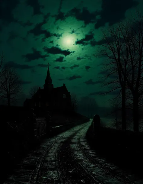 a night scene with the moon behind the clouds, above a haunted house.  The house is by a long, winding dirt road with an iron gate.  There is an old church in the distance.
<lora:JohnAtkinsonGrimshaw-flux-v1:0.85>