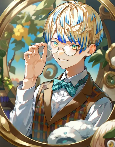 1boy,solo_focus, score_8_up, source_anime, blurry_background, hibachi mana,blonde hair,blue hair,multicolored hair,aqua eyes,yellow eyes,gradient eyes, white_shiet, Tartan_vest, brown_vest, brown_bowtie, round frame glasses