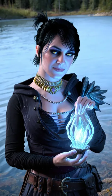 PHOTO, (((MorriganDA))), ((yellow eyes)), black hair, short ponytail, black outfit with feathered shoulder, holding water in hand, holding glowing water, mature, angry, purple eye shadow golden necklace with blue gem, fantasy time period, dusk, medieval ma...