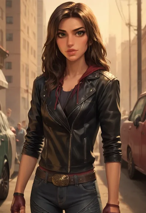 Score_9_up, score_8_up, score_7_up, source_realistic, BREAK 1girl, solo, Shanklady, brown hair, long hair, tan skin, makeup, lips, Leather jacket, Hood down, fingerless gloves, belt buckle, denim pants,