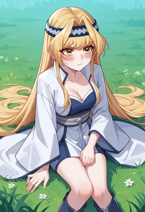 score_9, score_8_up, score_7_up, score_6_up, source_anime, Yu wushuang, Yu dress, yellow eyes, blonde hair, long hair, headband, cleavage, wide sleeves, sash, boots, grass land, sitting on ground, pout, blush