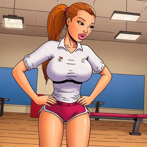 solo, 1girl, sneakers, hands on hips, orange hair, long hair, thighs, ponytail, taut shirt, lips, brown hair, shorts, gym, bending over,