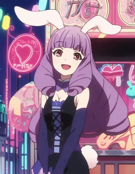 retoree, score_9, score_8_up, score_7_up, score_6_up, score_5_up, score_4_up, source_anime,  1girl, solo, looking at viewer, smile, open mouth, dress, :d, cowboy shot, detached sleeves, city, rabbit girl, neon lights  <lora:retoree_show_by_rock_chu_chu_pxl...