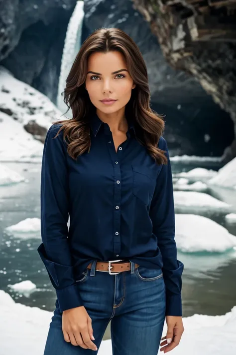 RAW photo of N4t4l13C0st3ll0_HM-143, a woman, perfect_hair, (modern_photo), wearing long sleeve button-up shirt and jeans, 70mm short_telephoto (analog, cinematic, (film_grain:1.3)), Frozen Planet Ice Caverns, Planet of vast ice caverns, frozen waterfalls,...