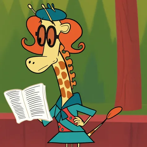 anthropomorphic giraffe, medium stature, glasses, long wavy hair, hands on hips, standing, blue green dress, yellow skin with brown spots, 1 girl, in a forest, solo, smile, furry, full body, Scout red band with medals, sitting, geeky, reading a book, long ...