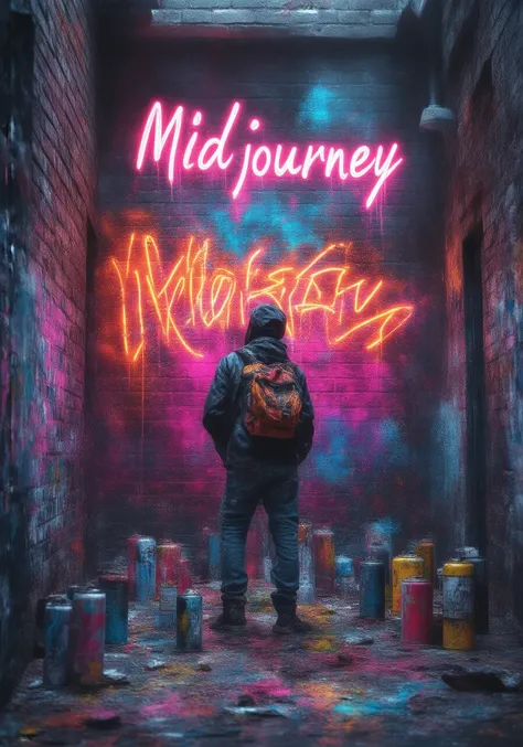 midjourney,A street artist stands in a gritty urban alleyway, surrounded by spray cans and paint splatters. Behind him, the word Midjourney is boldly painted in vibrant, graffiti-style lettering across a worn brick wall, bursting with neon colors and dynam...