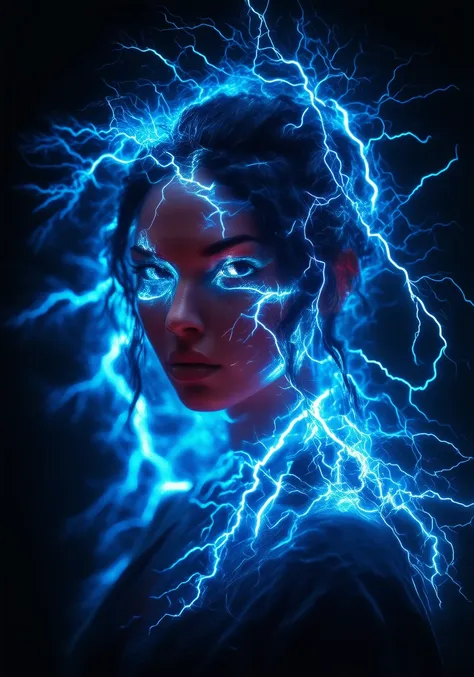 auralora, A fierce woman surrounded by a vibrant, electric aura with crackling blue lightning bolts sparking around her. The aura casts intense, sharp shadows and reflections across her face, enhancing her powerful, focused gaze. The dark, minimal backgrou...