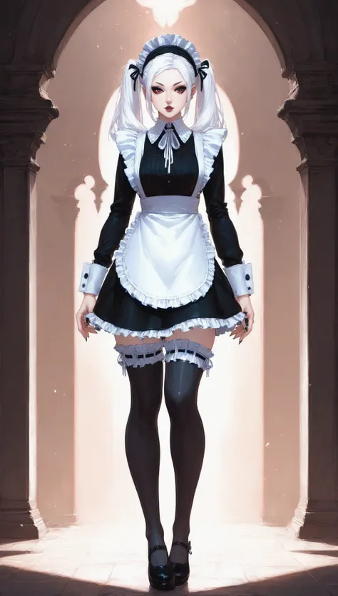 score_9, score_8_up, score_7_up, solo,source_anime,abyre,pigtails white hair, (beautiful girl), (booty, curvy),goth, maid uniform