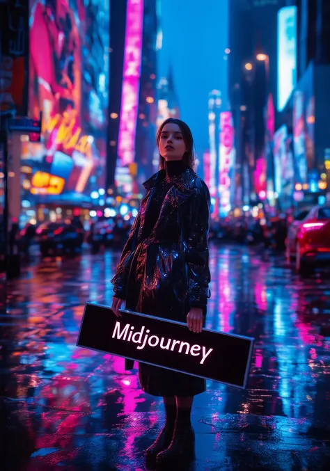 midjourney,A stylish woman stands on a bustling city street at night, surrounded by vibrant neon lights. She holds a sleek black and silver sign with Midjourney in bold, glowing letters. The cityscape around her reflects off the polished sign, while her co...