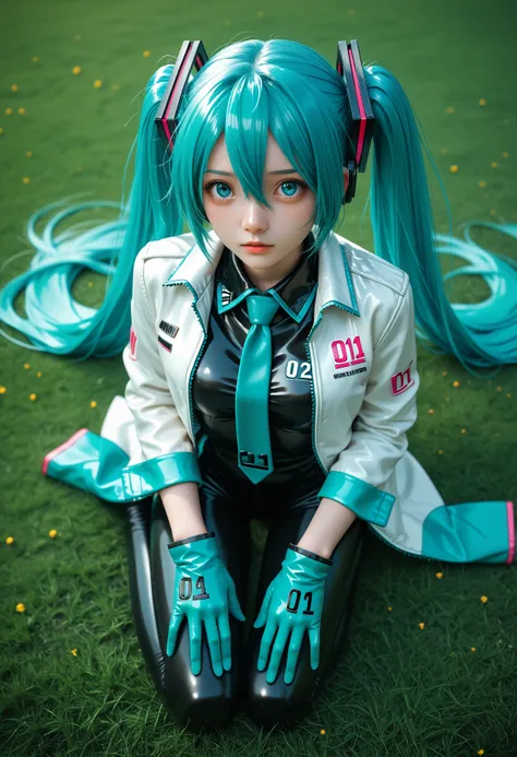 anime - style girl with blue hair and green hair sitting on grass