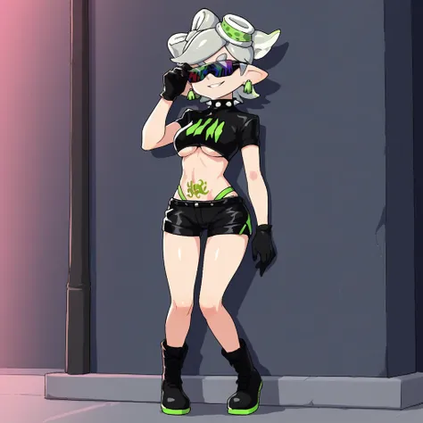 score_9, score_8_up, score_7_up, score_6_up, score_5_up, score_4_up, zPDXL2,source_anime,rating_questionable, 1girl, solo, smile, full body shot, posing, outdoors, urban ,night, marie(splatoon), <lora:hypnoshades:0.8>hypsh4d3s, midriff, crop top,  sunglass...