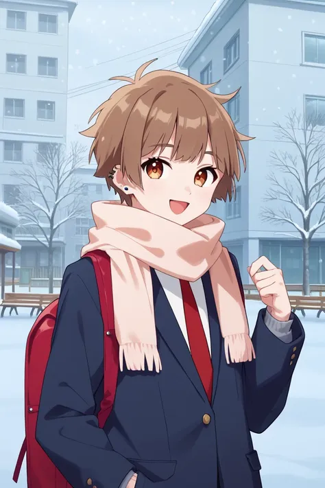 score_9, score_8_up, score_7_up, score_6_up, score_5_up,score_4_up , 
shishihara sota, brown hair, brown eyes, 1boy, male focus, scarf, necktie, solo, outdoors, school uniform, red necktie, snow, tree, smile, jacket, bag, open mouth, building, backpack, lo...