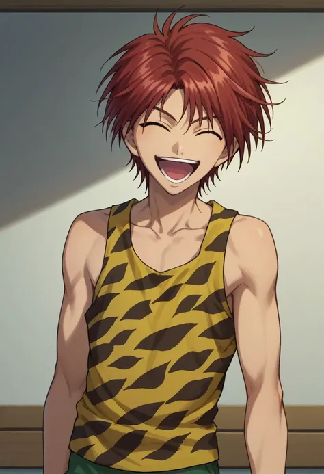 score_9, score_8_up, score_7_up, source_anime, highly detailed, 
kintaro, 1boy, male focus, solo, red hair, closed eyes, tank top, leopard print, shorts, green shorts, open mouth, smile, happy, 
upper body
outdoor,