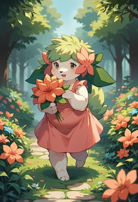 score_9, score_8_up, score_7_up, score_6_up, source_furry, dof, full-length portrait, solo, blurred background, garden, <lora:POKEMON_SHAYMIN_LAND:0.8> pokemon (creature), shaymin, anthro, cute, female, chubby, wearing a pretty pink dress; holding flowers