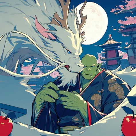 chinese clothes, hanfu, long sleeves, moon, blue eyes, muscular, apple, orc, outdoors, eastern dragon